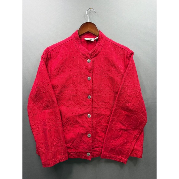 Chico's Design Jackets & Blazers - Chico's‎ Design Jacket Womens Red Embroidered Eyelet Cotton Button Up Size 3